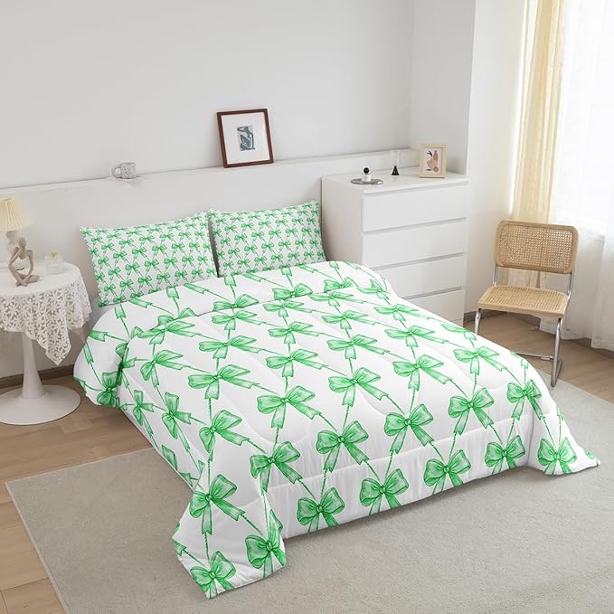 Feelyou Gray Bow Comforter Set Full Size Cute Bowknot Bedding Set Boys Girls Bow and Stripes Comforter for Kids Women Men Kawaii Duvet Set 3Pcs