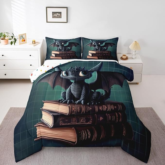 Manfei Kawaii Dragon Bedding Comforter Sets Toddler,Cute Little Dragon Reading Books Bedding Set for Bedroom Decoration,Green Grids Geometric Checker with 1 Comforter and 1 Pillow Case Bedroom Decor