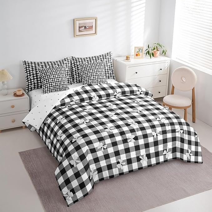 Feelyou Black Bow Comforter Set with Sheets Queen Size Kids Bowknot Pliad 7 Pieces Bedding Set for Boys Girls Teens Gift for Girls Women Grid Bed in a Bag Breathable Princess Décor Bed Set