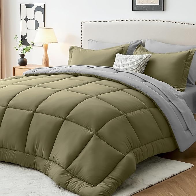 Sasttie King Size Comforter Set, 7 Pieces Bed in a Bag King, Complete Bedding Set Includes Comforter, Flat Sheet, Fitted Sheet, Pillowcases and Pillow Shams, Olive & Light Grey