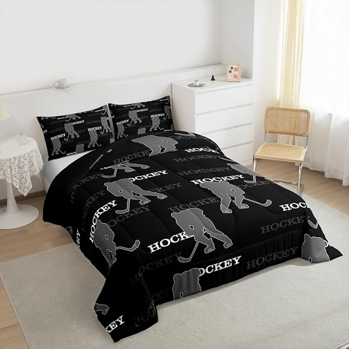 Ice Hockey Kids Bedding Set Queen Size, Comforter Set,Winter Sports Modern Quilt Comforter,Black Gray Bedroom Duvet Insert,2 Pillowcases