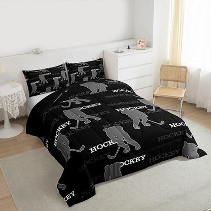 Ice Hockey Kids Bedding Set Queen Size, Comforter Set,Winter Sports Modern Quilt Comforter,Black Gray Bedroom Duvet Insert,2 Pillowcases