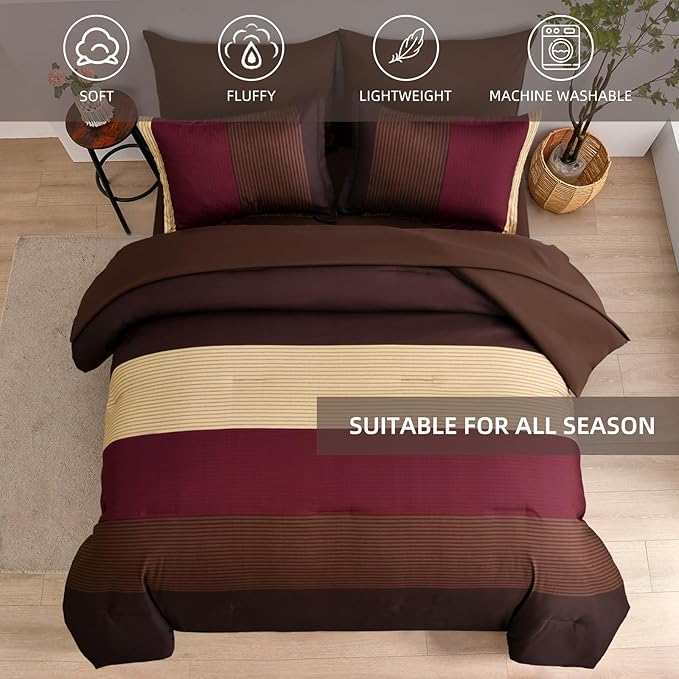 Anibedding Red and Brown Comforter Set King Size, Boho Burgundy Striped Bedding Comforter Set 7 Piece Bed in a Bag, Soft Microfiber Down Alternative Farmhouse Bedding Set for All Season(104"x90")
