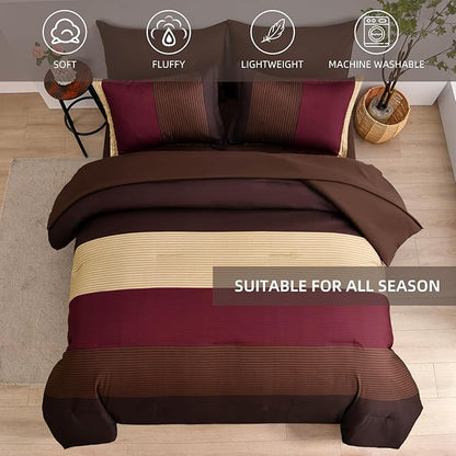 Anibedding Red and Brown Comforter Set King Size, Boho Burgundy Striped Bedding Comforter Set 7 Piece Bed in a Bag, Soft Microfiber Down Alternative Farmhouse Bedding Set for All Season(104"x90")