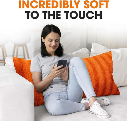 Cheer Collection Faux Fur Long Body Pillow - Accent Throw Pillow for Bed and Couch - Decorative Lumbar Pillow with Insert, Rust Orange (18" x 40")