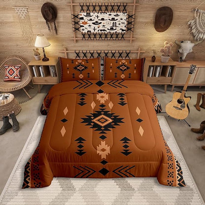 Western Aztec Queen Size Bedding Set, Native American Navajo Comforter Set for Boys Adult Teens, Southwestern Geometric Duvet Insert Ethnic American Native Quilt Rustic Farmhouse Decor, Brown Black