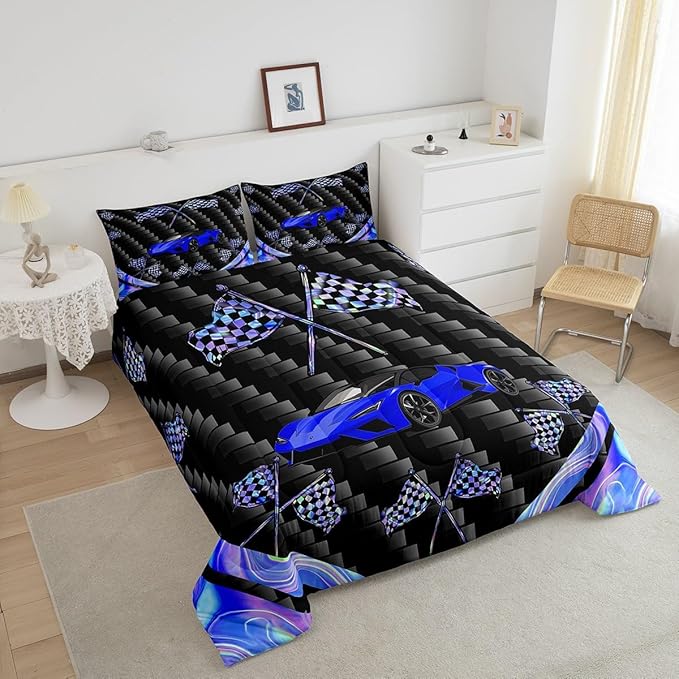 jejeloiu Blue Race Car Bedding Set Full Size Extreme Sports Comforter Set for Kids Teens Adult Fast and Furious Duvet Set Dazzling Flag Quilt Set 3Pcs