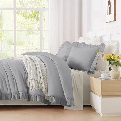 Andency Silver Gray Comforter Set California King Size, 3 Pieces Vintage Shabby Ruffle Bedding Comforter Sets for Cal King Bed, Lightweight Fluffy Soft Microfiber Farmhouse Comforter Set