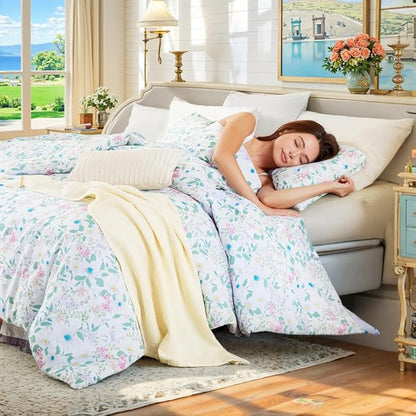 King Floral Comforter Set 100% Cotton Comforter 3 Pieces Green Leaves and Pink Floral Bedding Set Lightweight Soft Reversible Bedding for All Season