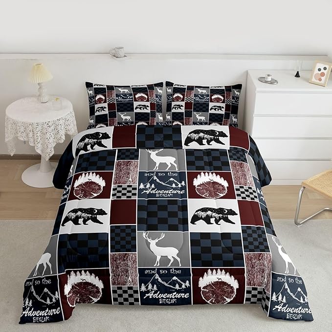 Rustic Bear Bedding Comforter Sets, Farm Country Vintage Comforter Set Hunting Cabin Wooden Lodge Bedding Forest Wildlife Plaid Patchwork Quilt With 2 Pillow Cases, Red Gray Black, Queen Size