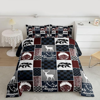 Rustic Bear Bedding Comforter Sets, Farm Country Vintage Comforter Set Hunting Cabin Wooden Lodge Bedding Forest Wildlife Plaid Patchwork Quilt With 2 Pillow Cases, Red Gray Black, King Size