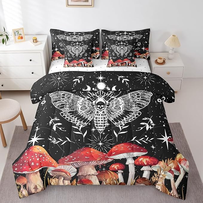 Feelyou Death Moth Bedding Set with Comforter, King Size 7Pcs Halloween Decorations Comforterative Cute Mushroom Bed in a Bag with Comforter, Boho Moth Room Decor