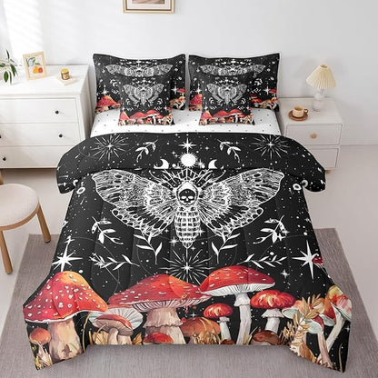Feelyou Death Moth Bedding Set with Comforter, Full Size 7Pcs Halloween Decorations Comforterative Cute Mushroom Bed in a Bag with Comforter, Boho Moth Room Decor