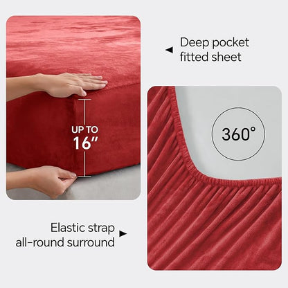 BEDELITE Flannel Sheets Full Size Red - Super Soft Fleece Sheets Set Fluffy Extra Plush, 4 Piece(Include Fitted Sheet, Flat Sheet, 2 Pillowcases)