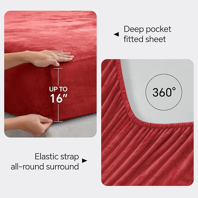 BEDELITE Flannel Sheets King Size Red - Super Soft Fleece Sheets Set Fluffy Extra Plush, 4 Piece(Include Fitted Sheet, Flat Sheet, 2 Pillowcases)