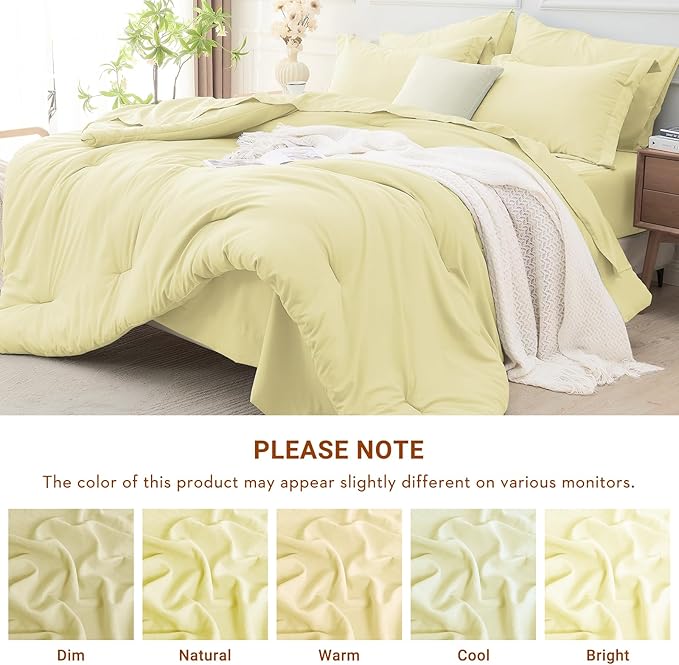 MUXHOMO 5 Pieces Twin Comforter Set, Soft Bed in a Bag Twin Size, All Season Bedding Set with Comforter, Flat Sheet, Fitted Sheet, Pillowcases & Shams, Cream Yellow