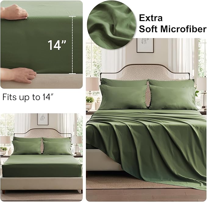 Anluoer King Size Comforter Set 7 Pieces, Olive Green Bed in a Bag Bedding Set with 1 Comforter, 2 Pillow Shams, 2 Pillowcases, 1 Flat Sheet, 1 Fitted Sheet