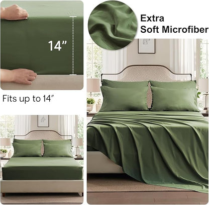 Anluoer King Size Comforter Set 7 Pieces, Olive Green Bed in a Bag Bedding Set with 1 Comforter, 2 Pillow Shams, 2 Pillowcases, 1 Flat Sheet, 1 Fitted Sheet
