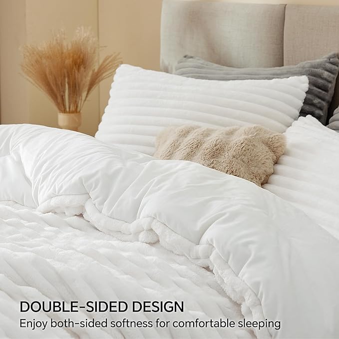 BEDELITE Fleece Twin Comforter Set -Super Soft & Warm Fluffy Bright White Bedding, Luxury Fuzzy Heavy Bed Set for Winter with 1 Pillow case