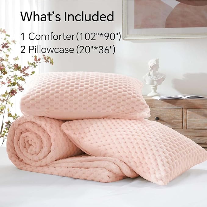 BEDELITE Fluffy King Size Comforter Set - Pink Fleece Soft Comforter for King Size Bed, Luxury Warm Bedding Set for Winter, Fuzzy Bed Set 3 Pieces (1 Comforter, 2 Pillowcases)