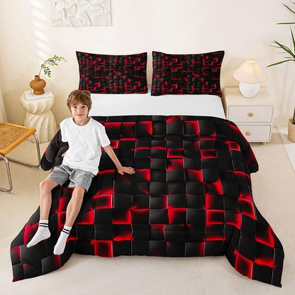 Erosebridal Boys Red and Black Comforter Set Queen Geometric Checkered Kids Bedding Set Teen Men Gaming Room Decor,Abstract Ombre Plaid Comforter Grids Quilt Duvet