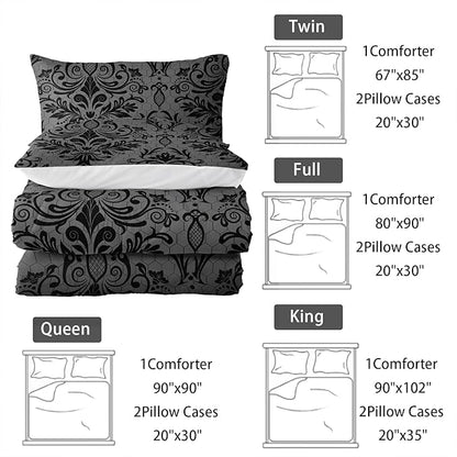 Black Gothic Floral Print Comforter Set Queen Size,Vintage Damask Floral Bedding Set,Bohemian Exotic Printed Quilted Set for Teens Adult,with 1 Comforter and 2 Pillow Case