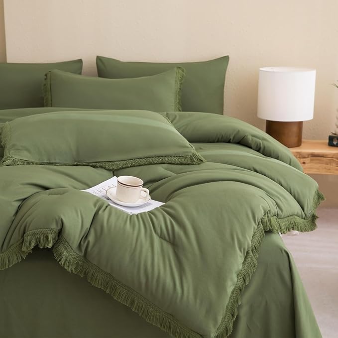 Andency Oversized King Comforter Set Olive Green 120x98-7 Pieces Boho Tassel Bed in a Bag Soft Lightweight Bedding Sets, Fringe All Season Bed Set with Comforter, Sheets, Pillowcases & Shams