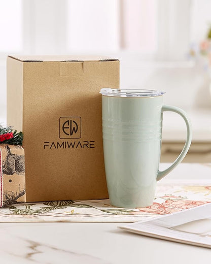 famiware Jupiter Large Coffee Mug, 20oz Coffee Mug with Lid, Ceramic Cup with Handle for Latte, Tea, Cocoa, Milk, Home & Office, Microwave and Dishwasher Safe, Light Green