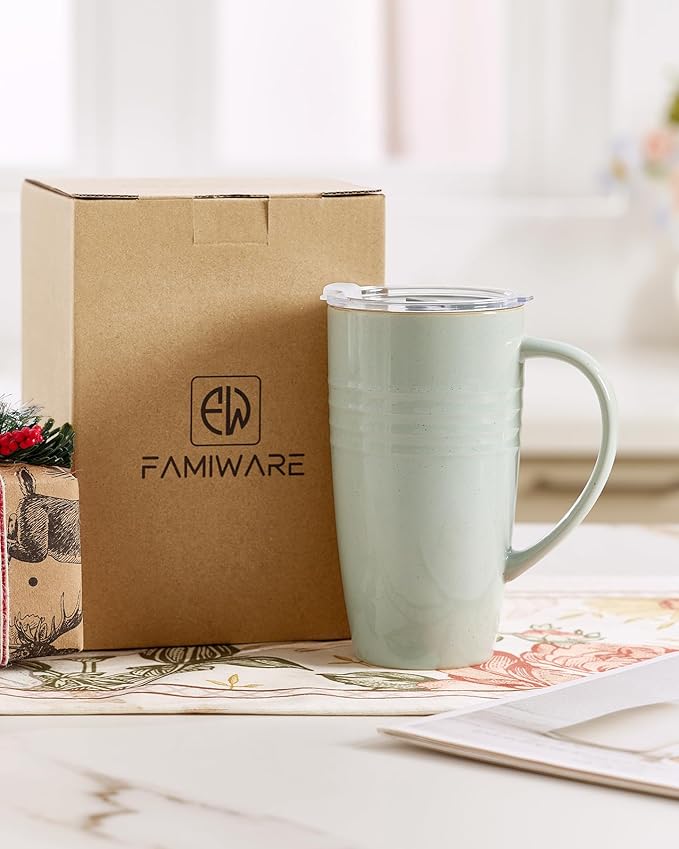 famiware Jupiter Large Coffee Mug, 20oz Coffee Mug with Lid, Ceramic Mugs Set of 2, Cup Set with Handle for Latte, Tea, Cocoa, Milk, Home & Office, Microwave and Dishwasher Safe, Light Green