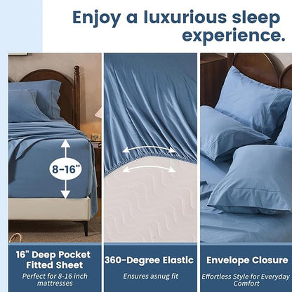 100% Linen Sheets California King Size,Breathable & Durable 4-Piece Bed Flax Sheet Set,Soft All-Season Bedding for Hot Sleepers 16" Deep Pocket Oeko-TEX Certified,（Cal King, Dusty Blue）