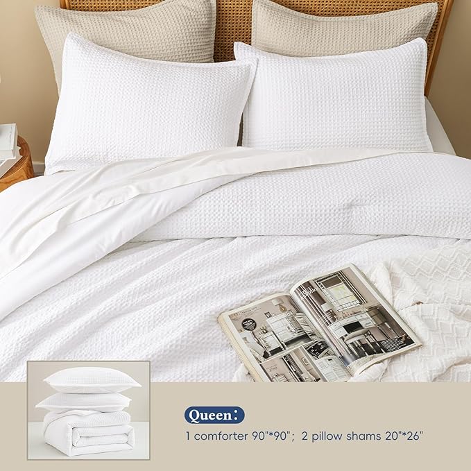 David's Home Waffle Weave Comforter Set 3PCS Queen Size, Soft Breathable Lightweight Cozy Skin-Friendly Warm for All Season, Elegant Aesthetic Home Decor Bedding Set with Pillow Shams, White