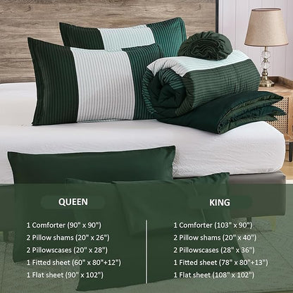 Anibedding Dark Green King Size Comforter Set, 7 Piece Green Striped Bed in a Bag, Soft Microfiber All Season Bedding Set with Comforter, Sheets, Pillowcases & Shams