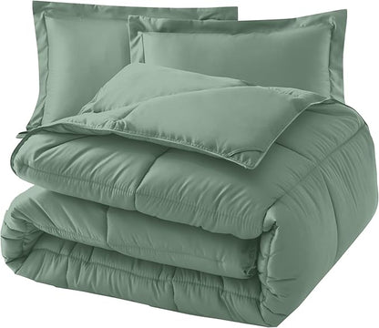 Elegant Comfort 3-Piece Box Stitched Down Alternative Comforter with Shams - Ultra Soft for All Season Duvet Insert with Corner Tabs, Plush Cozy 3PC Comforter Set, Oversize King, Smoke Green