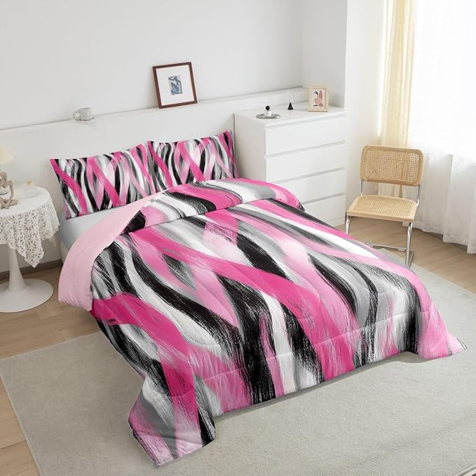 Erosebridal Geometric Striped Comforter King Modern Abstract Comforter Set Black Grey Pink Bedding Set for Kids Girls Teen Women Swirl Lines Quilt Duvet Room Decor 3 Pcs