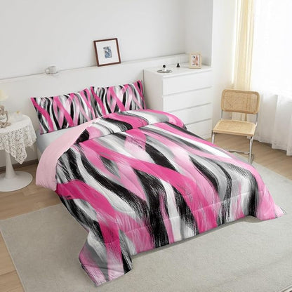 Erosebridal Geometric Striped Comforter King Modern Abstract Comforter Set Black Grey Pink Bedding Set for Kids Girls Teen Women Swirl Lines Quilt Duvet Room Decor 3 Pcs