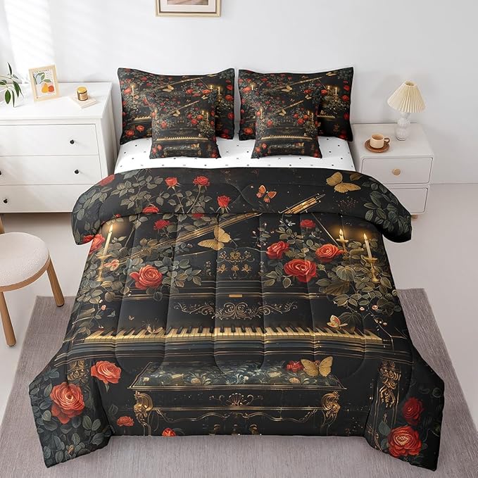 Erosebridal Vintage Piano Print Comforter Set King with Sheets,Music Themed Bedding Set Musical Instruments Decor for Home,7 Piece Butterfly Rose Flower Bed in a Bag with Pillowcases & Shams