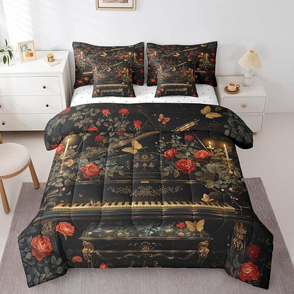 Erosebridal Vintage Piano Print Comforter Set King with Sheets,Music Themed Bedding Set Musical Instruments Decor for Home,7 Piece Butterfly Rose Flower Bed in a Bag with Pillowcases & Shams