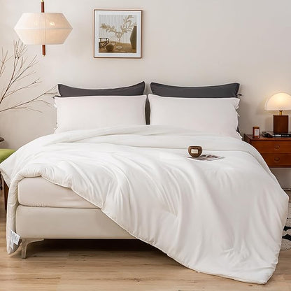 White Comforter Twin/XL Size Single Bed - Lightweight Super Soft Cozy Modern Polycotton Bedding Blanket Quilt Set for Kid Teen Boy Children All Season - 1 Solid Comforter and 1 Pillowcase