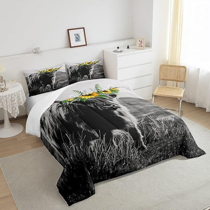 Highland Cow Comforter Set Adult Women Sunflower Cow Print Down Comforter Full Size for Boy Men Bull Cattle with Grey Fur Quilted Duvet Bedroom Decorative Wildlife Farmhouse Cow Bedding Comforters