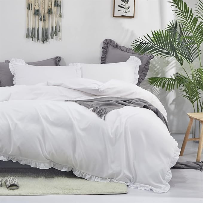 Wellboo White Comforters California King Solid White Shabby Chic Farmhouse Bedding Comforter Cal King Set Women Ruffle Bed Quilt Boho White Lace Blankets Soft Vintage Rustic Floral Lace Comforter Set