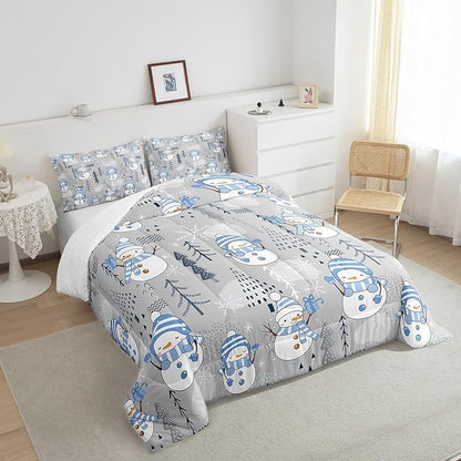 Cartoon Snowman Kids Comforter Set King Size,Merry Christmas Bedding Set 3Pcs Xmas Tree Snowflake Print Quilt Set for Girls Boys Teens Room Decor Blue Grey White Duvet Insert,2 Pillowcases