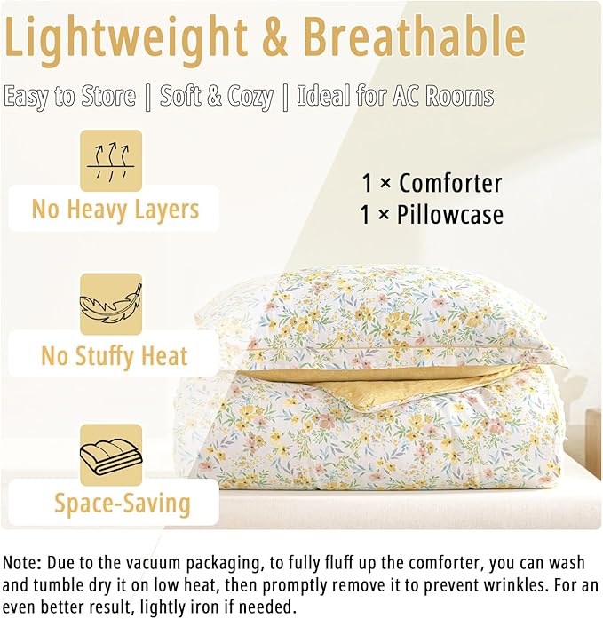 Natural Cotton 2pcs Floral Comforter Sets Twin Size-Yellow Comforter with Pink & Yellow Flowers and Blue & Green Leaves on White, Reversible Lightweight Bedding Sets(Twin 68"×90")
