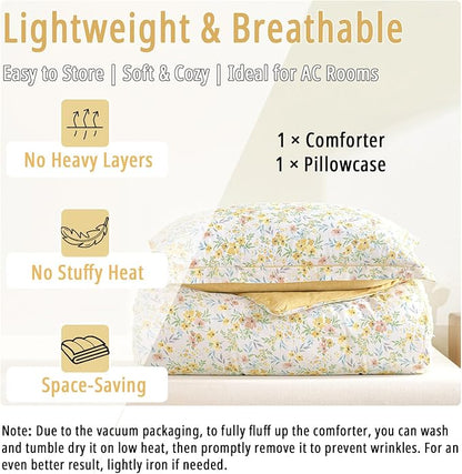 Natural Cotton 2pcs Floral Comforter Sets Twin Size-Yellow Comforter with Pink & Yellow Flowers and Blue & Green Leaves on White, Reversible Lightweight Bedding Sets(Twin 68"×90")