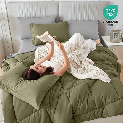 Sasttie King Size Comforter Set, 7 Pieces Bed in a Bag King, Complete Bedding Set Includes Comforter, Flat Sheet, Fitted Sheet, Pillowcases and Pillow Shams, Olive & Light Grey
