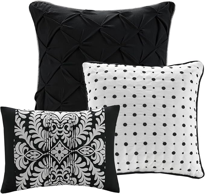 Madison Park Vienna Sateen Cotton Comforter Set, Breathable, Soft Cover, Trendy, All Season Down Alternative Cozy Bedding with Matching Shams, King, Black 7 Piece