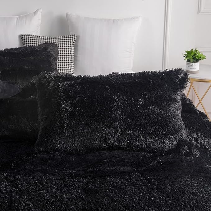 chovy Faux Fur Plush Black Comforter Sets Full/Queen - Ultra Soft Shaggy Flannel Velvet Fluffy Fuzzy 3PC Bedding Set （Comforter x 1 Pillowcases x 2） 1