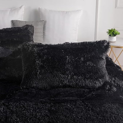 chovy Faux Fur Plush Black Comforter Sets Full/Queen - Ultra Soft Shaggy Flannel Velvet Fluffy Fuzzy 3PC Bedding Set （Comforter x 1 Pillowcases x 2） 1