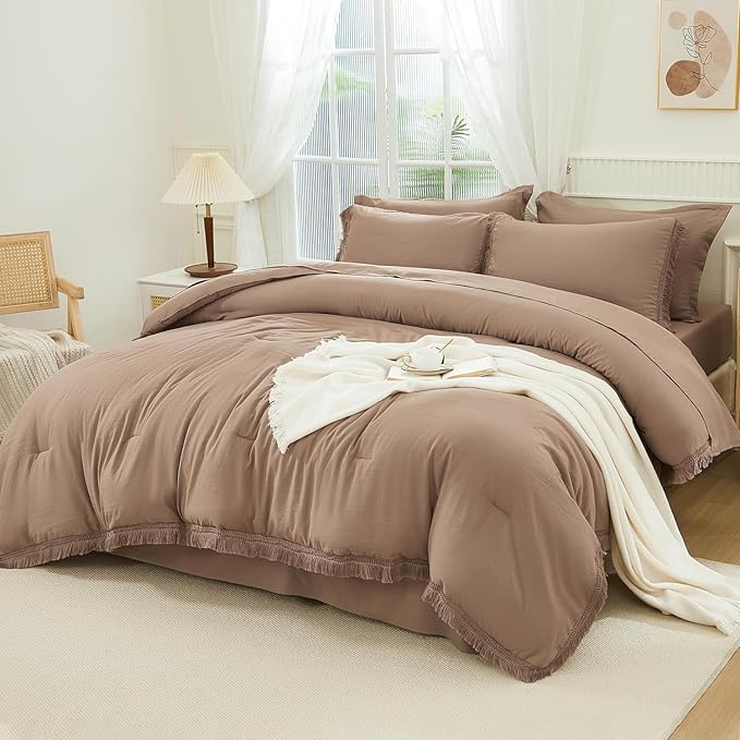 Andency Oversized King Comforter Set Taupe 120x98-7 Pieces Boho Tassel Bed in a Bag Soft Lightweight Bedding Sets, Fringe All Season Bed Set with Comforter, Sheets, Pillowcases & Shams