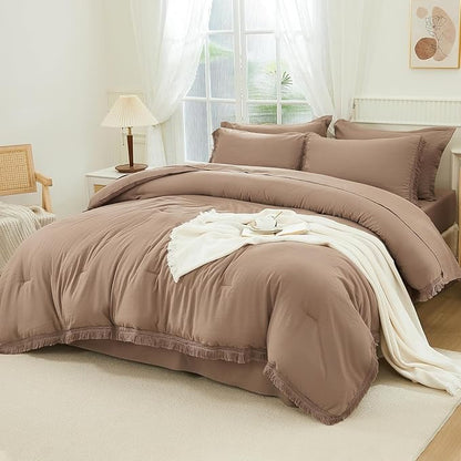 Andency Oversized King Comforter Set Taupe 120x98-7 Pieces Boho Tassel Bed in a Bag Soft Lightweight Bedding Sets, Fringe All Season Bed Set with Comforter, Sheets, Pillowcases & Shams