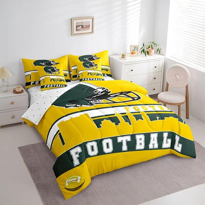Erosebridal Football 7 Pcs Comforter Set Full Football Fans Bedding for Boys Girls Football City Sheet Set Bed in A Bag Yellow Rugby Competition Room Decor Sports Ball Game Quilt